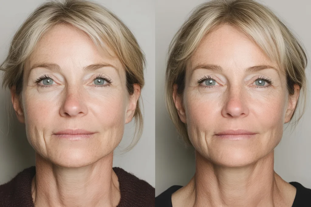 A before-and-after comparison showing the rejuvenating effects of dermal fillers on a mature woman's face.