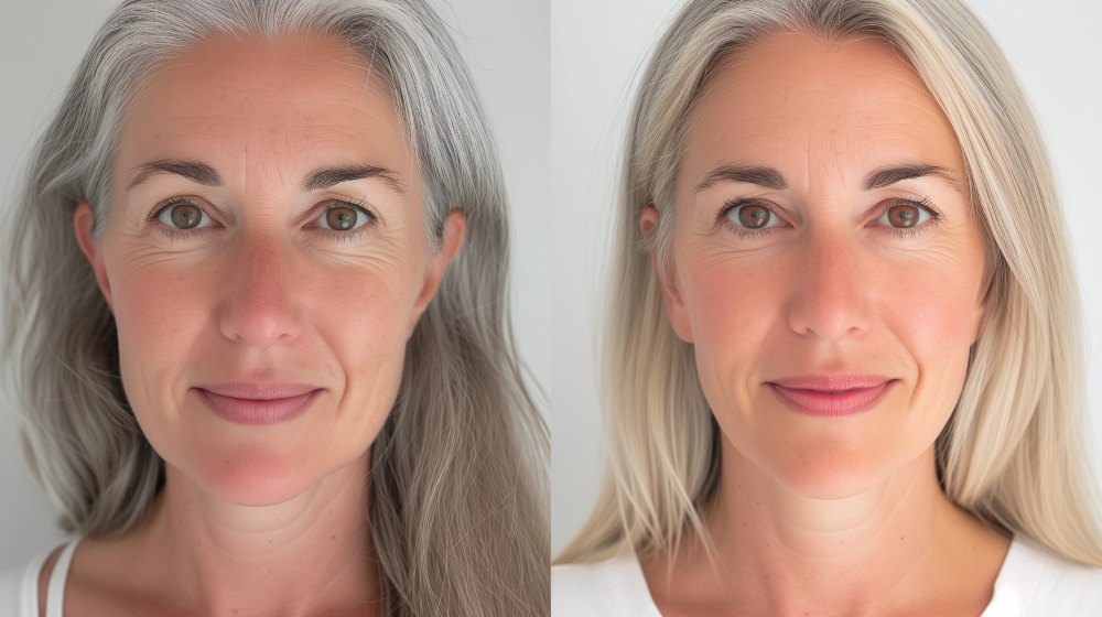 Before and after comparison of a woman’s face showing results of injectables.