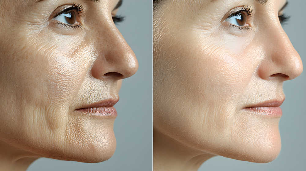 Side-by-side before and after close-up of face treated with wrinkle reducers.