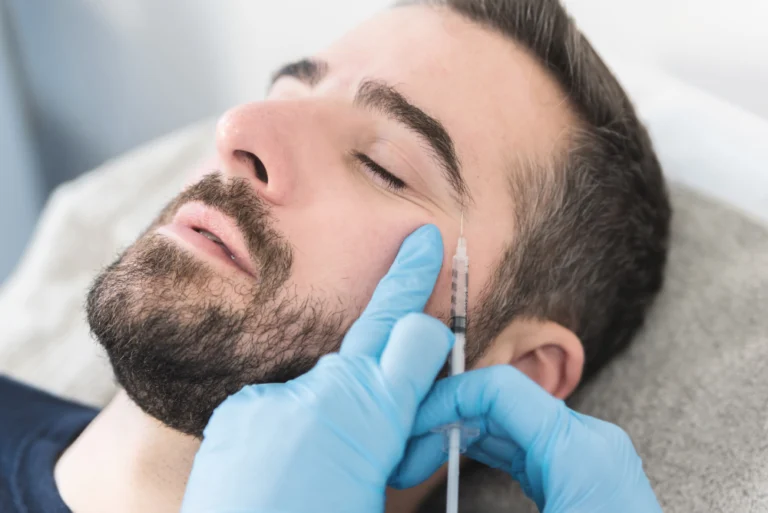 Man receiving Botox injection to reduce facial wrinkles.