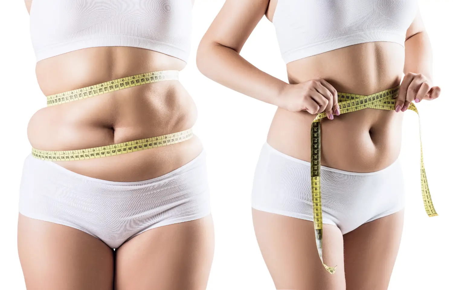 Side-by-side images of a woman’s midsection with a measuring tape around her waist