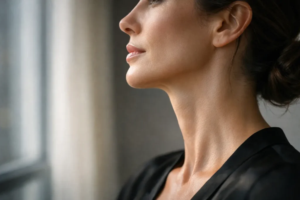 woman profile showing smooth tightened neck skin after treatment