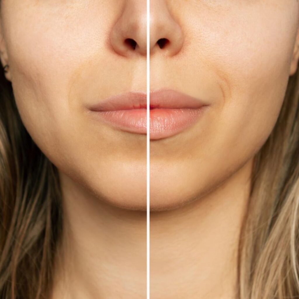 split image of lower face showing lips and surrounding skin before and after treatment