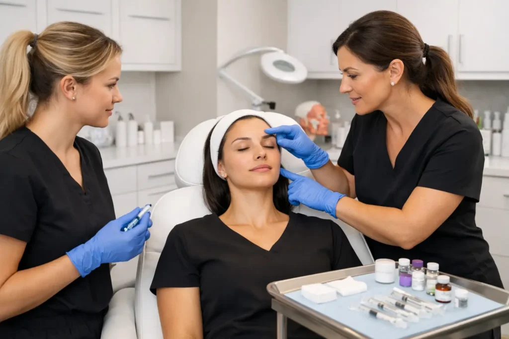 medical professionals practicing Botox injection techniques on patient in clinical setting