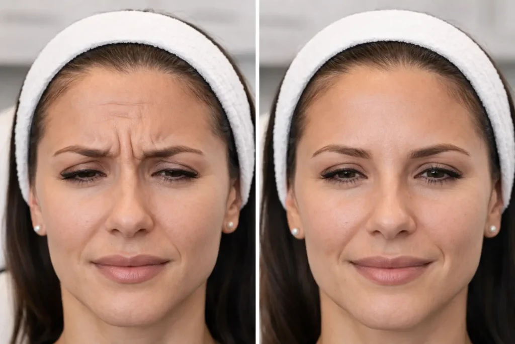 before and after comparison showing reduced forehead lines after Botox treatment