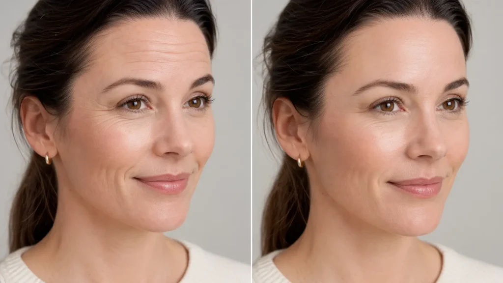side by side images showing forehead with visible lines on left and fewer lines on right
