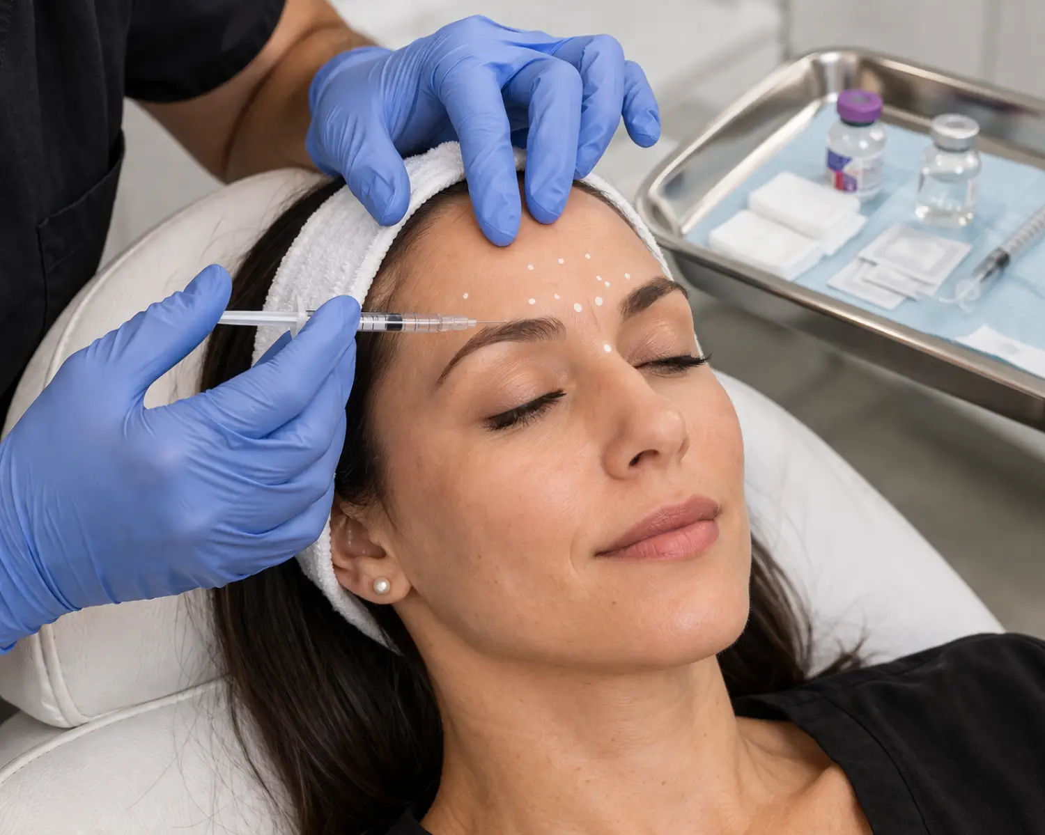 practitioner performing Botox injection on forehead using precise mapping points