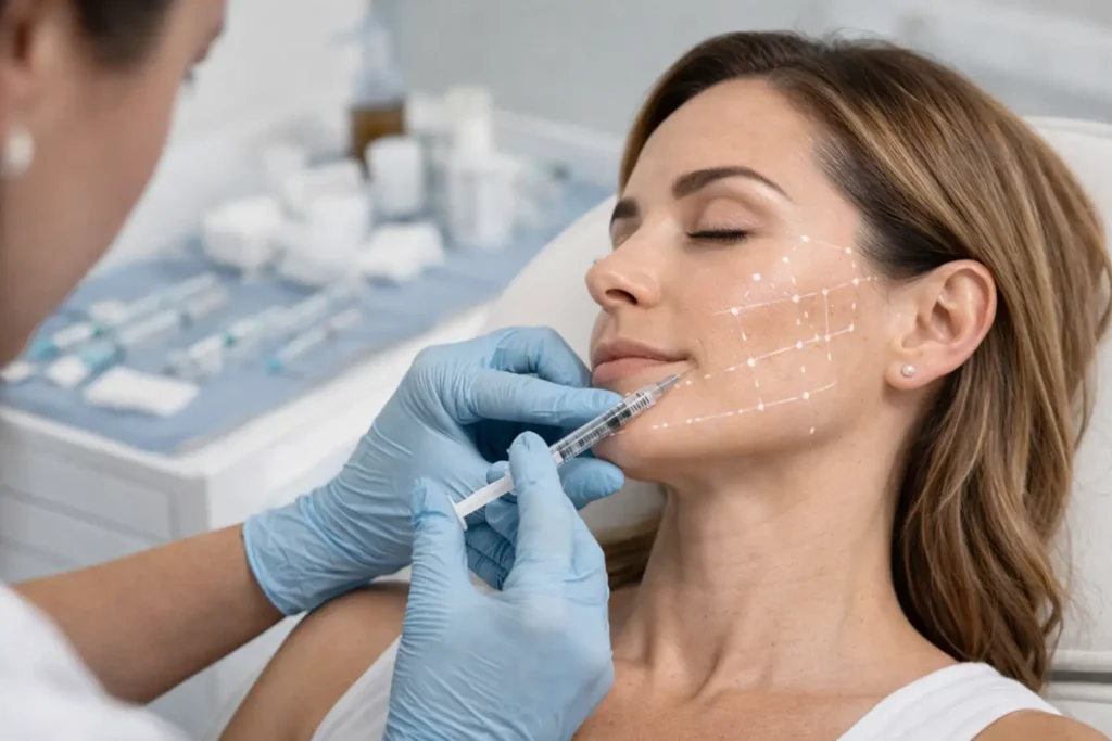 practitioner administering dermal filler with facial mapping marks for precise treatment