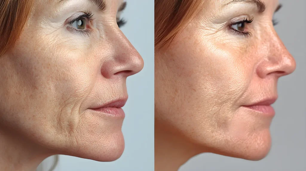 before and after comparison showing reduced wrinkles and smoother skin after dermal fillers