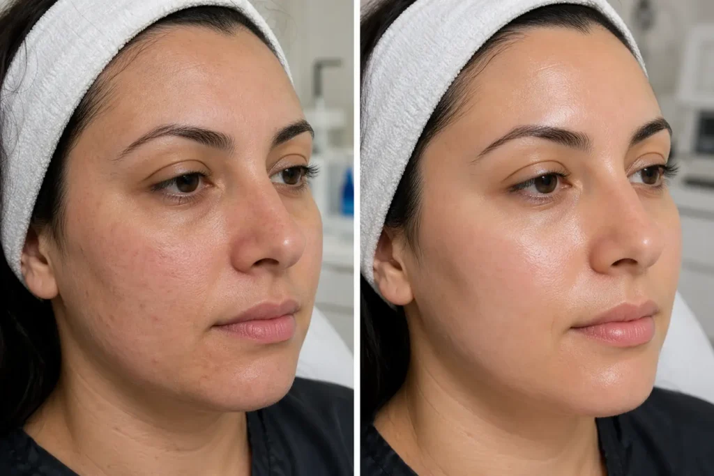 Side-by-side close-up of an under-eye area showing skin folds and texture differences in the left and right images